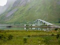 A village on the rocky shore of the fjord in Norway with traditional red houses. Asphalt road with a bridge across the Bay