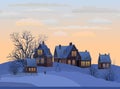 Village. Rural houses in winter. Christmas. Quiet frosty evening. Gable roof is covered with snow. Hill. Nice and cozy Royalty Free Stock Photo