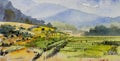 Village rural, rice field, farmer farm with mountain paintings illustration