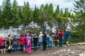 Village Ruskeala, Sortavala, Republic of Karelia, Russia, August 14, 2016: Mountain Park, Tourists on the marble canyon