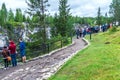 Village Ruskeala, Sortavala, Republic of Karelia, Russia, August 14, 2016: Mountain Park, Tourists on the marble canyon