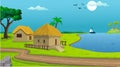 Village cartoon background illustration with cow, cottage, lake, trees, and narrow road. Royalty Free Stock Photo