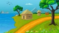 Village cartoon background illustration with cow, cottage, lake, trees, and narrow road. Royalty Free Stock Photo
