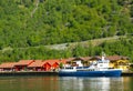 Village and Sea view on mountains in fjord, Royalty Free Stock Photo