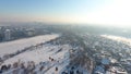 Village seen from drone, snow