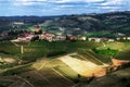 A wide view of the hills planted with vines around the village of Serralunga d`Alba, in the Langhe. Royalty Free Stock Photo
