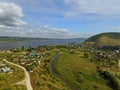 The village of Shiryaevo on the banks of the Volga River from a bird`s eye view. Royalty Free Stock Photo