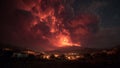 Village Silhouetted by Exploding Volcano at Night Royalty Free Stock Photo
