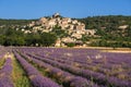 The village of Simiane-la-Rotonde in summer with lavender fields. Alpes-de-Hautes-Provence, France Royalty Free Stock Photo