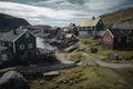 A village with small houses at a fjord in northern europe created with generative AI technology
