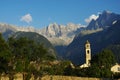 Village of Soglio with Sciora Alps and glacier Royalty Free Stock Photo