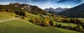 Village St. Magdalena in front of the Geisler or Odle Dolomites mountain peaks. Val di Funes valley in Italy. Royalty Free Stock Photo