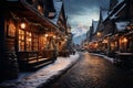village street in winter, exteriors of houses decorated for Christmas or New Year\'s holiday, snow, street lights, mountain, Royalty Free Stock Photo