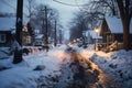 village street in winter season, old weathered homes and dirt on the road, rundown environment, snow, sunset, street lights