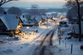 village street in winter season, old weathered homes and dirt on the road, rundown environment, snow, sunset, street lights