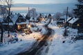 village street in winter season, old weathered homes and dirt on the road, rundown environment, snow, sunset, street lights