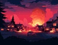 Village Sunset with Burning House Royalty Free Stock Photo