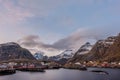 The village A with the typical red Rorbu fishing houses, Moskenes, Lofoten Islands, Norway, Scandinavia Royalty Free Stock Photo