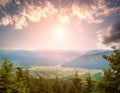 Village in valley in mountains in pine, aerial view on dawn sky Royalty Free Stock Photo