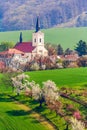 A village in Veterov town with a church in the South Moravian Region. Beautiful spring landscape with blossoming trees in Czech Royalty Free Stock Photo