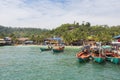 Village view with khmer boats, beach of Koh Rong. Cambodia Royalty Free Stock Photo