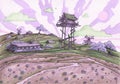 Village watercolor landscape art with houses, purple trees painting, plants, green fields and meadows, country cottages, outdoors Royalty Free Stock Photo