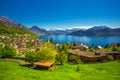 Village Weggis, Lake Lucerne, Pilatus mountain and Swiss Alps in the background near famous Lucerne city