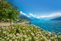 Village Weggis, lake Lucerne Vierwaldstatersee, Pilatus mountain and Swiss Alps in the background near famous Lucerne Luzern c Royalty Free Stock Photo