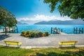 Village Weggis, lake Lucerne Vierwaldstatersee, Pilatus mountain and Swiss Alps in the background near famous Lucerne Luzern c Royalty Free Stock Photo