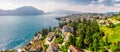 Village Weggis, lake Lucerne Vierwaldstatersee, Pilatus mountain and Swiss Alps in the background near famous Lucerne Luzern c