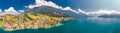 Village Weggis, lake Lucerne Vierwaldstatersee, Rigi mountain and Swiss Alps in the background near famous Lucerne city, Switzer