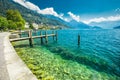 Village Weggis, lake Lucerne Vierwaldstatersee, Rigi mountain and Swiss Alps in the background near famous Lucerne Luzern city Royalty Free Stock Photo