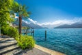 Village Weggis, lake Lucerne Vierwaldstatersee, Rigi mountain and Swiss Alps in the background near famous Lucerne Luzern city Royalty Free Stock Photo