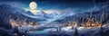 Village in winter on Christmas, landscape of mountains, moon and snow Royalty Free Stock Photo