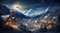 Village in winter on Christmas, scenery of snowy mountains and houses Royalty Free Stock Photo