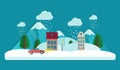 Village in winter. clouds in the sky. snowfall in the air. house and mountain. christmas card vector background. flat style