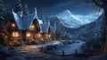 Village in winter forest at Christmas night, landscape of houses, mountains and snow. Scenery of decorations, path, light and