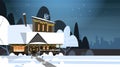 Village Winter Landscape House Building With Snow On Top City Or Town Suburb Street At Night