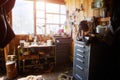 A village workshop, a home mechanic, an untidy workplace with dusty and dirty tools