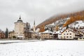 Ancient alpine village Zernez in winter. Canton of Graubuenden, Switzerland Royalty Free Stock Photo