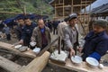 Villagers chinese mountain village celebrate Start of construction peasant house