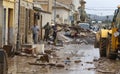 Villagers cleaning after floodings in San Llorenc in the island Mallorca wide view