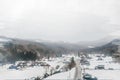 Villages of Shirakawago and Gokayama are one of Japan`s UNESCO World Heritage Sites. Farm house in the village and mountain behin Royalty Free Stock Photo