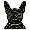 Villain symbol in costume with a spider web, with in black, yellow, and gray as French bulldog character