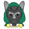 Villain symbol with hood, metal mask and cape witch chains , in green, yellow, and gray as French bulldog character