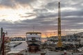 Villajoyosa port with a large boat out of the water at sunset Royalty Free Stock Photo