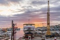 Villajoyosa port with a large boat out of the water at sunset Royalty Free Stock Photo