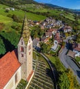 Villandro, Italy - Aerial view of the tower of the Church of St.Michael at the small village of Villandro Villanders at summer Royalty Free Stock Photo