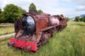 Villarcayo, Spain - June 10, 2020: Old train cemetery. Aerial view of an old abandoned rusty steam train.