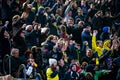 The supporters celebrate a goal at the La Liga match between Villarreal CF and FC Barcelona at El Madrigal Stadium